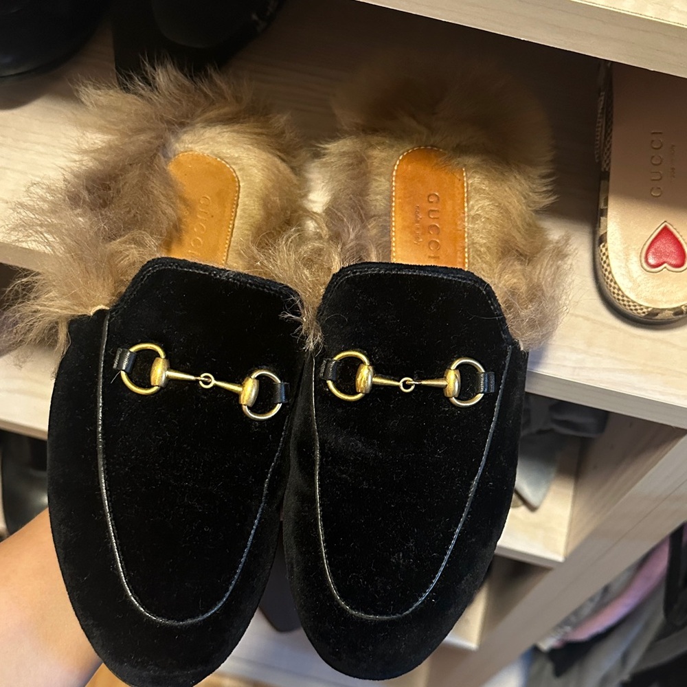 Gucci Black Velvet Mules with Fur Lining
